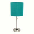 Creekwood Home Oslo 19.5in Contemporary Power Outlet Base Metal Table Lamp, Brushed Steel, Teal Drum Fabric Shade CWT-2009-TL